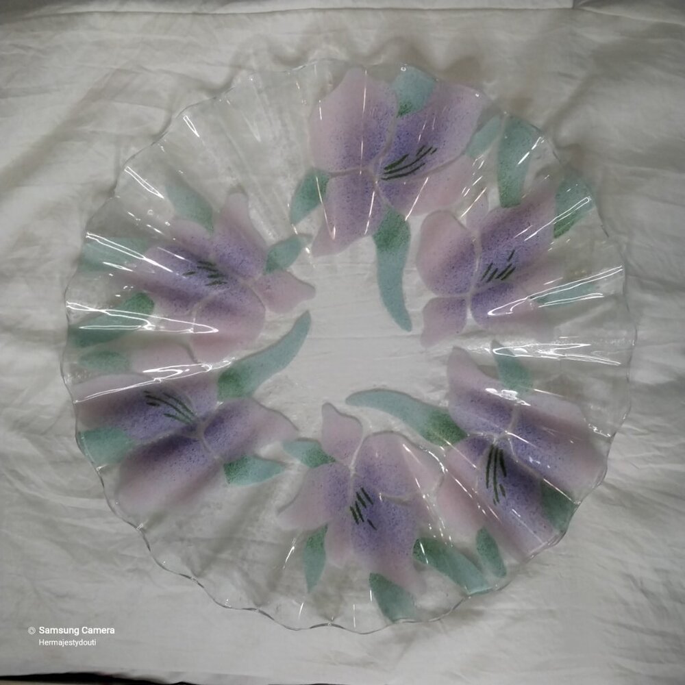 Sydenstricker Fused Art Glass Large 12" Plate Ruffled Edge Floral Iris Design